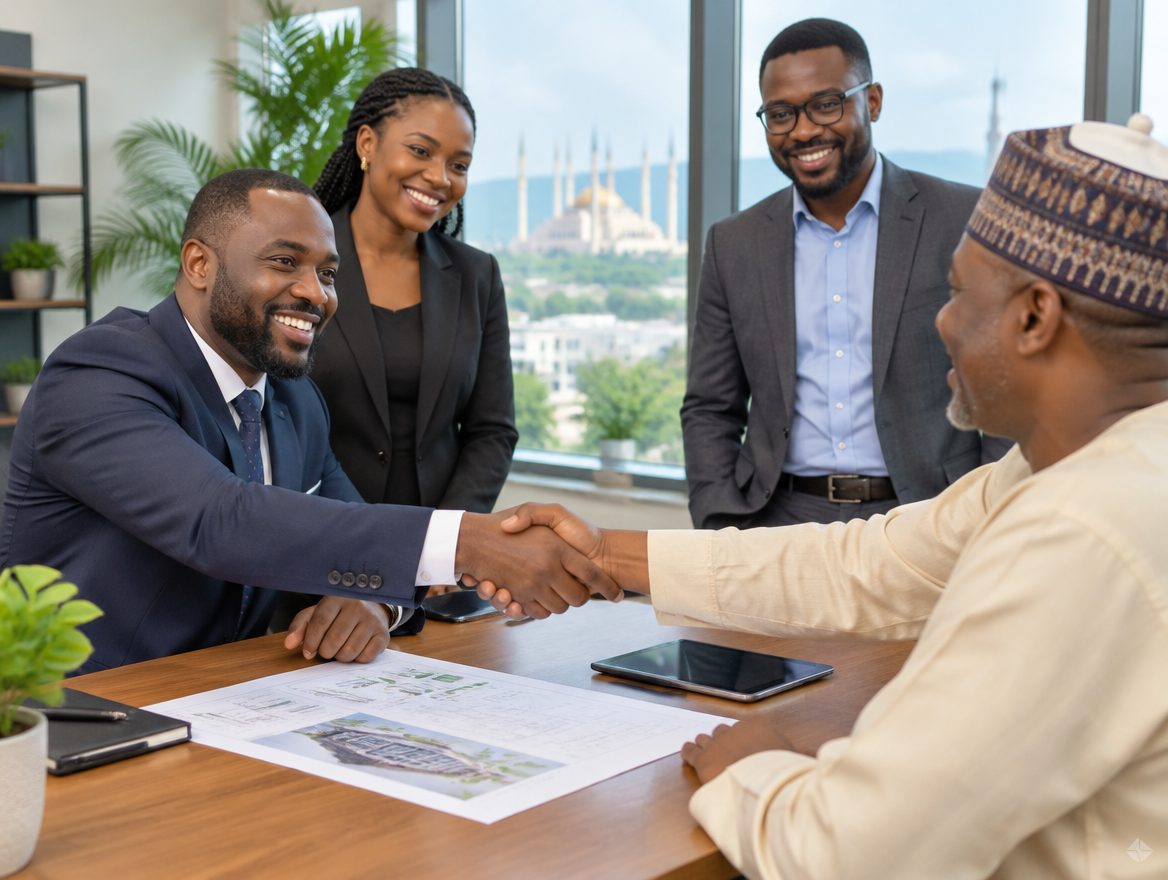 An adviser and a client shaking hands over a printed plan