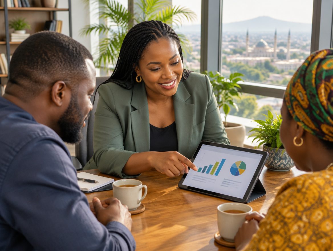 An adviser explaining a chart on a tablet to a couple who own a small business