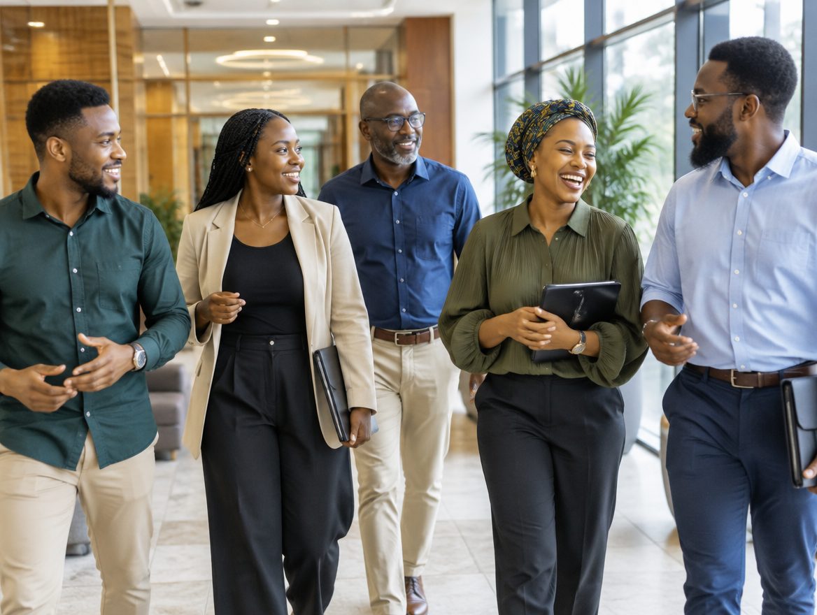 A team of professionals walking and talking through a bright office lobby